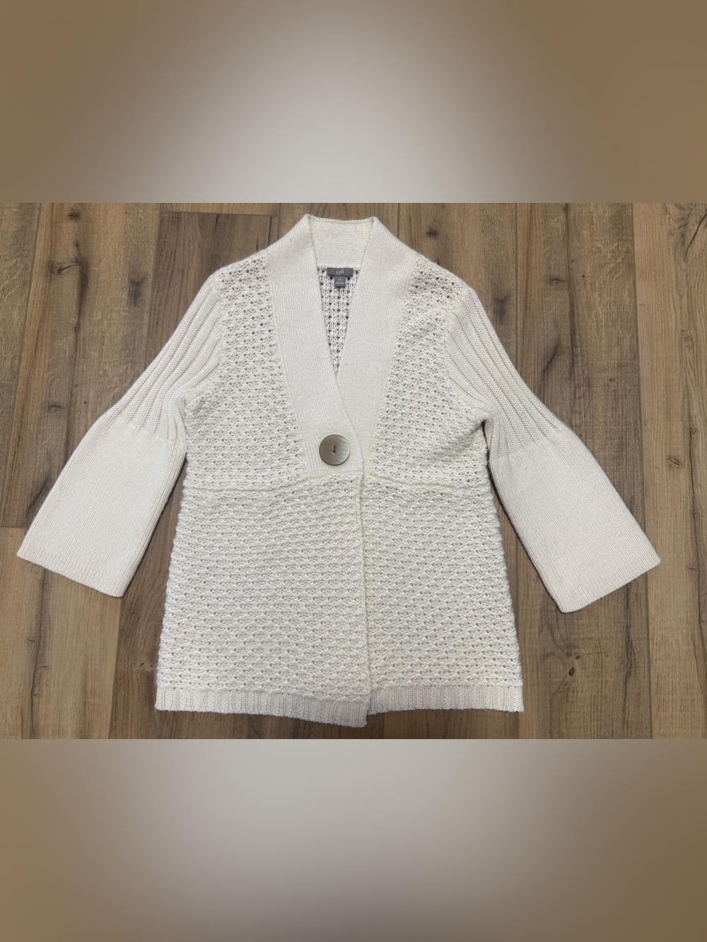 J.Jill Petite M Cream Crochet Knit Cardigan Wool Alpaca One Button Cozy Sweater